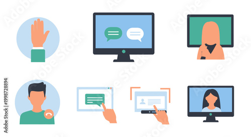 Video call and online meeting interface icon set with a raised hand, chat bubbles on a monitor, male and female avatars, end call button, and touch screen interaction icons.