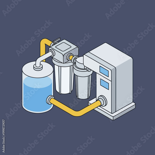 Water purification system with filters and tank.