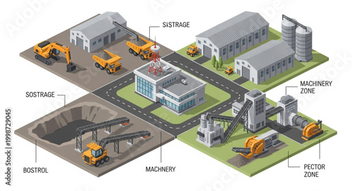 Industrial Construction Site with Heavy Machinery and Buildings.