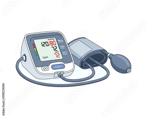 Digital blood pressure monitor with arm cuff for hypertension checking.