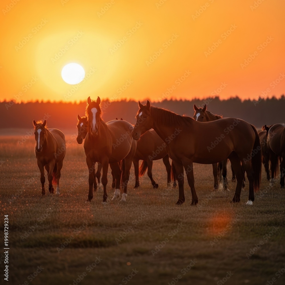 Fototapeta premium Majestic Horses Silhouetted Against a Vibrant Sunset Sky.