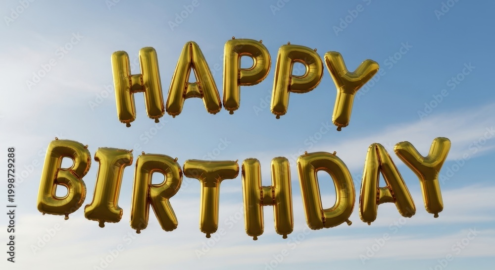 Fototapeta premium Golden Happy Birthday Balloons Floating in Sky.