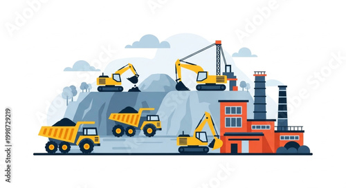 Heavy machinery and industrial factory in a mining operation.