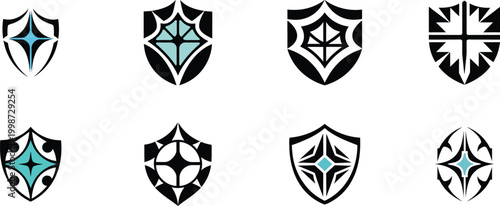 Set of fantasy shield and crest icons, geometric tribal emblems with blue accents for gaming and security branding