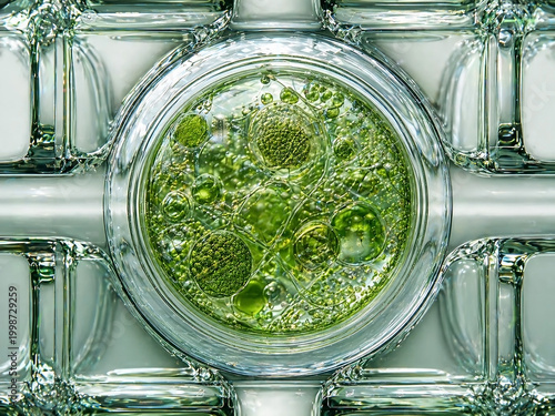 Symmetrical macro orthographic detailed micro algae bubble cell with deep focus