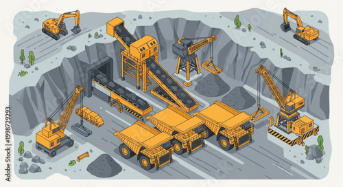 Heavy mining equipment excavating minerals from an open pit mine.