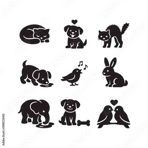 Set of 9 Black Silhouette Pet Animals Glyph Icons — Cat, Dog, Bird, Rabbit, Elephant, Dove, Love Birds Vector Illustration Isolated on White Background