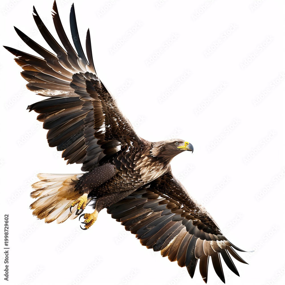 Obraz premium Majestic Eagle in Flight Isolated on White Background - Powerful Bird of Prey Spreading Wings