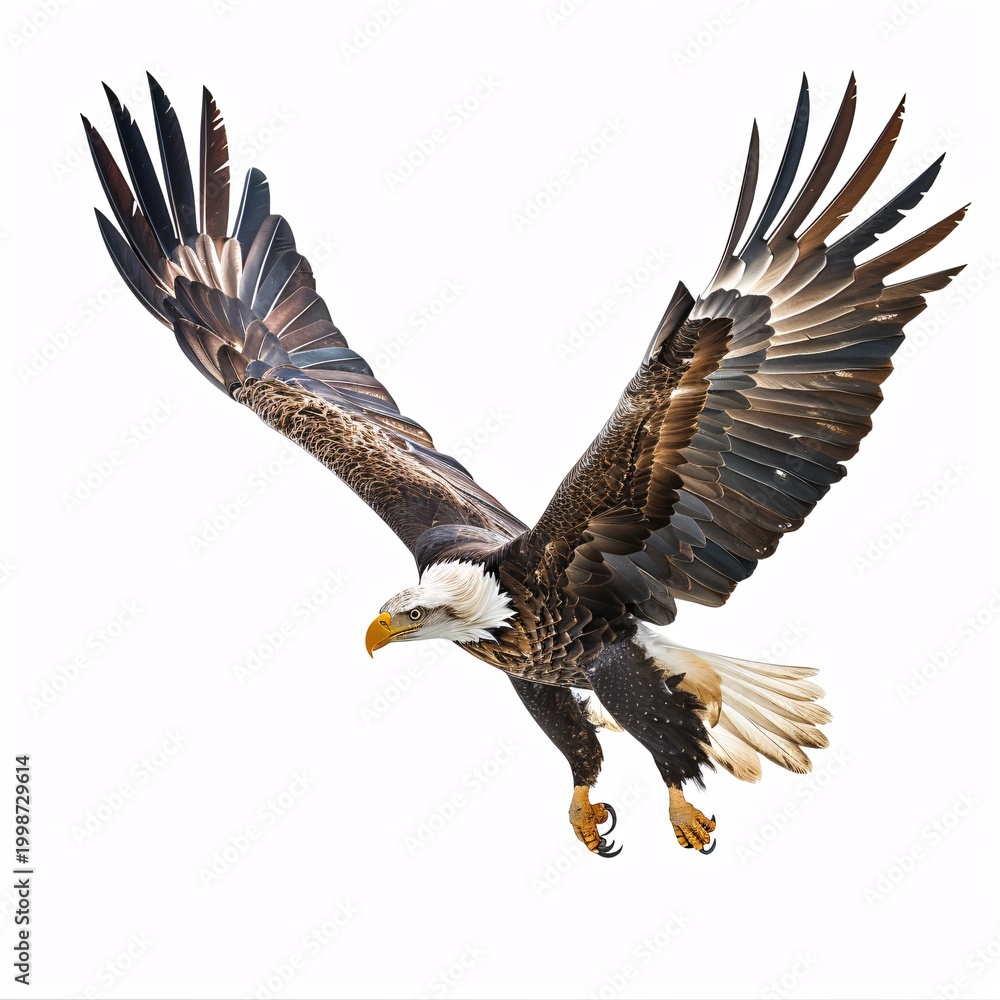 Fototapeta premium Majestic Eagle in Flight Isolated on White Background - Powerful Bird of Prey Spreading Wings