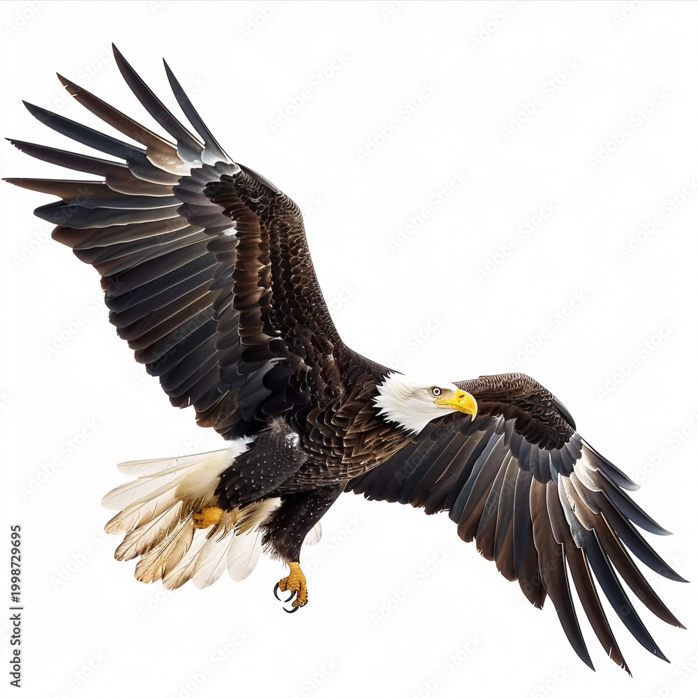 Fototapeta premium Majestic Eagle in Flight Isolated on White Background - Powerful Bird of Prey Spreading Wings