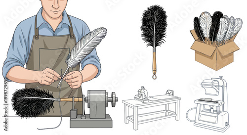 Feather Duster Making Process with Craftsman and Tools Illustration