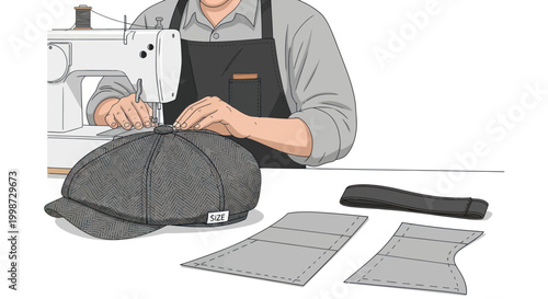 Tailor sewing a vintage newsboy cap using a professional machine in a workshop
