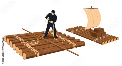 Tablou pe pânză Man building a wooden log raft for transport on a white background