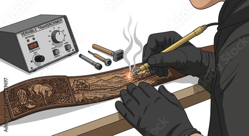 Hands creating intricate pyrography art on a leather belt with a woodburning tool.