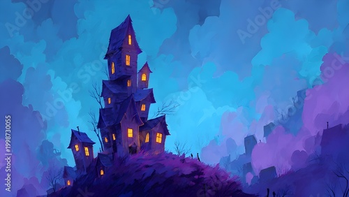 Spooky digital painting of a ramshackle haunted house on a dark hill under a blue and purple cloudy sky, with windows glowing yellow for a Halloween atmosphere.