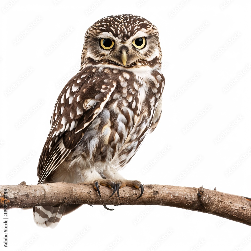 Fototapeta premium Wise Owl Perched on a Branch Isolated on White Background - Nocturnal Bird of Prey Portrait