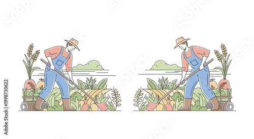 Minimalist line art illustration of a male farmer working in a garden