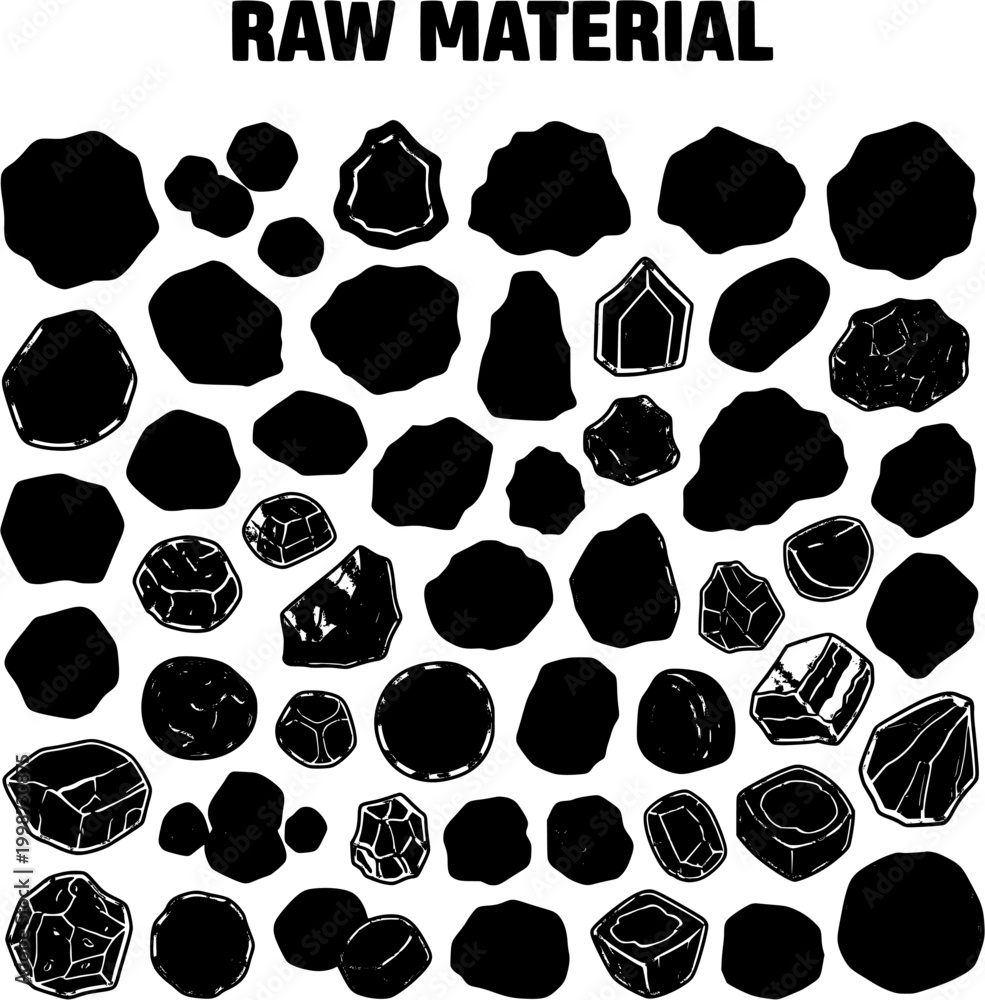 Fototapeta premium Diverse Raw Material Collection: Black Silhouettes and Outlined Vector Icons of Rocks, Stones, and Minerals