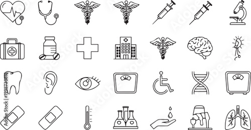 Medical Healthcare Line Icons Set – Hospital, Medicine, Anatomy and Wellness Symbols Collection