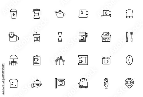 Coffee shop icon set. Minimal vector icons pack. Includes coffee cup, teapot, coffee maker, menu, table, chef, toast and more. Editable stroke.