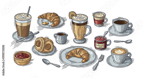 Delicious Breakfast Pastries and Coffee Drinks Assortment.