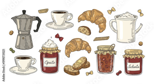 Delicious Breakfast Spread with Coffee, Croissants, and Jams.