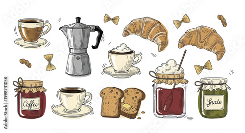 Delicious Breakfast Spread with Coffee Croissants Jam and Toasts.