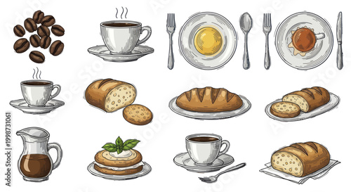 Delicious Breakfast Spread with Coffee, Tea, Eggs, and Freshly Baked Bread.