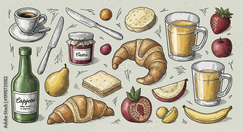 Delicious Breakfast Spread with Croissants Fruits and Coffee.