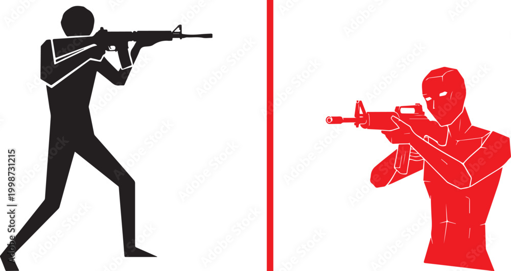 Obraz premium Armed shooter silhouettes with assault rifles in combat stance vector illustration isolated on white background