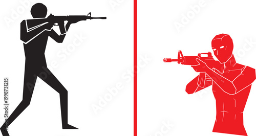 Armed shooter silhouettes with assault rifles in combat stance vector illustration isolated on white background