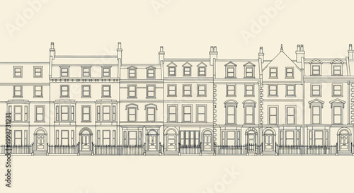 Elegant Row of Georgian Townhouses Facade Architectural Drawing.
