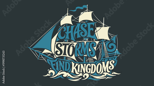 Adventure awaits with a majestic sailing ship navigating stormy seas towards distant kingdoms.