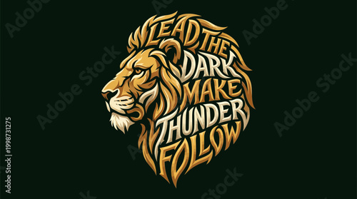 Majestic lion head with inspirational lettering, symbolizing strength and leadership