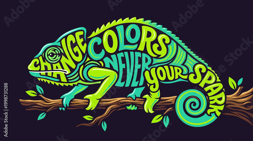 Vibrant chameleon formed from text encourages embracing change and individuality.