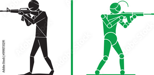 Human soldier and combat robot aiming rifles vector illustration isolated on white background