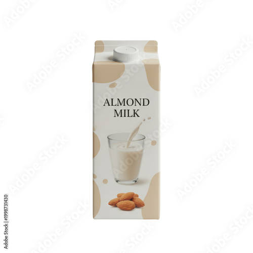 Matte almond milk carton with a milk glass graphic and raw almonds on a seamless grey studio background with soft side lighting healthy branding atmosphere