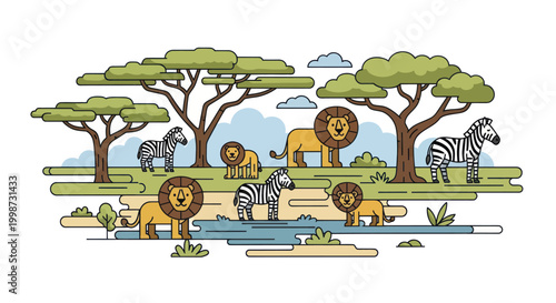 Lions and Zebras in a Safari Landscape.