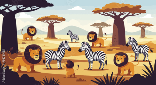 Lions and zebras in a vibrant African savanna landscape.