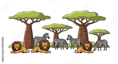 Lions and Zebras Resting Under Baobab Trees in African Savanna.