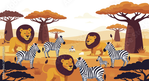 Lions and Zebras Roaming in African Savannah.