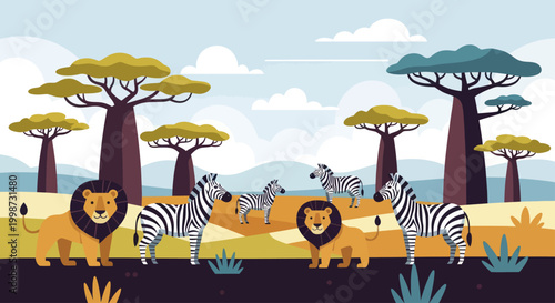 Majestic Lions and Zebras in African Savannah Landscape.
