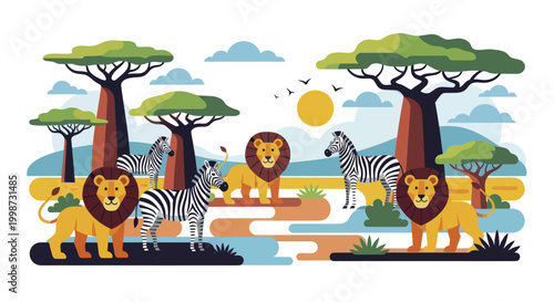 Lions and Zebras Roaming in an African Savanna Landscape.