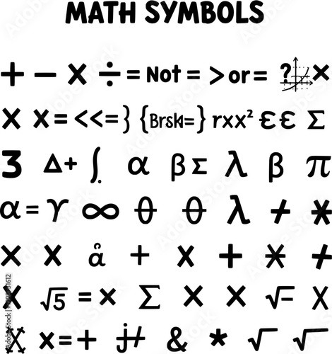 Black Hand-drawn Mathematical Symbols Collection: Arithmetic, Greek Letters, Logic Operators, and Science Elements for Education and Design