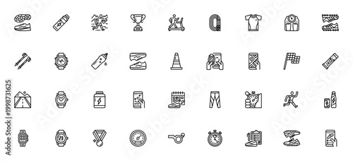 Running icon set. Vector fitness symbols pack. Includes shoes, treadmill, track, smartwatch, medal, stopwatch, heart rate and more. Editable line icons.