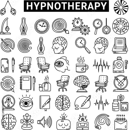 Hypnotherapy Line Art Icons Set. Collection of Outline Symbols for Mind, Relaxation, and Therapy Concepts.