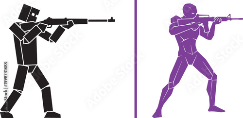 Silhouettes of blocky and humanoid soldiers aiming rifles isolated on white background vector illustration