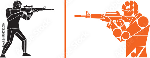 Minimalist geometric vector illustration of tactical soldiers aiming rifles isolated on white background