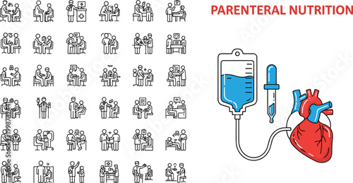 Parenteral Nutrition Medical Vector Set With IV Drip Bag Heart Anatomy and Patient Group Silhouette Icons Collection