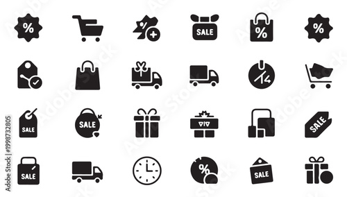 Set of shopping icons with discount tags gift boxes and delivery trucks for retail design.